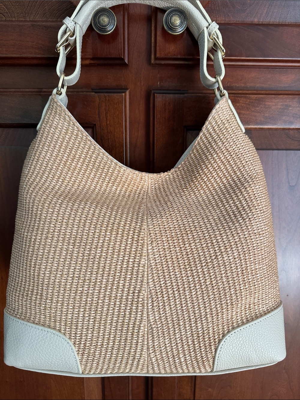 Italian Leather and Straw Hobo Bag with Cream Trim - Picture 2 of 8